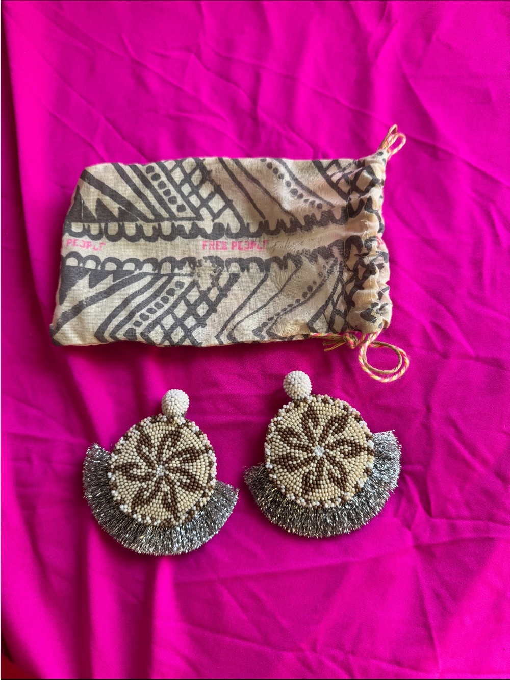 Free People Beaded Floral Fringe Drop Earrings in Beige and Silver